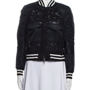 Veronica Beard dark navy Lace Bomber Jacket with Striped Trim